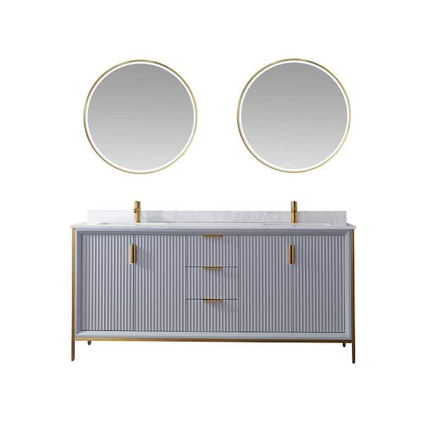 ROSWELL 72 in. W x 22 in. D x 33.8 in. H Double Sink Bath Vanity in Paris Grey with White Stone Composite Top and Mirror