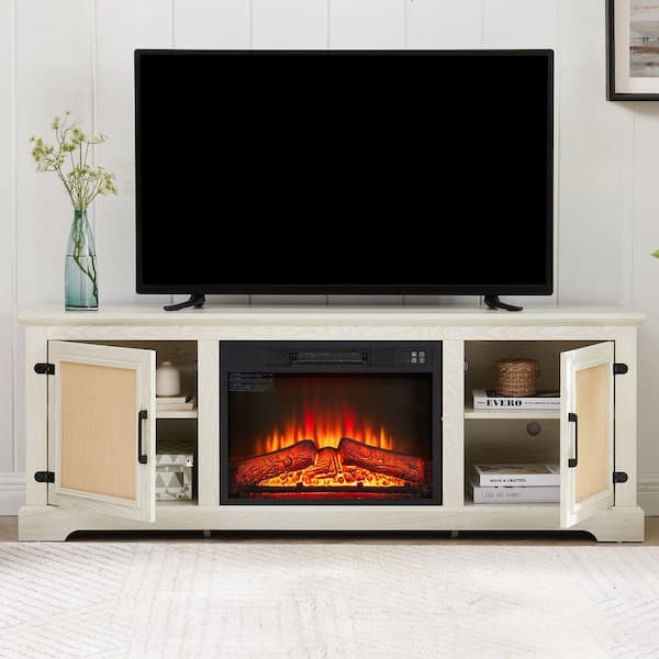 65 in. Freestanding TV Stand with 23 in. Fireplace Insert, Adjustable Shelf Wood, Natural Rattan Door Cabinet, White
