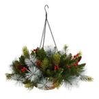 24 in. Pre-Lit Indoor/Outdoor Artificial Christmas Pre-Lit Pine and Berries Hanging Basket, 30 LED Lights