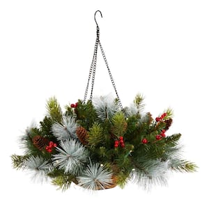 24 in. Pre-Lit Indoor/Outdoor Artificial Christmas Pre-Lit Pine and Berries Hanging Basket, 30 LED Lights