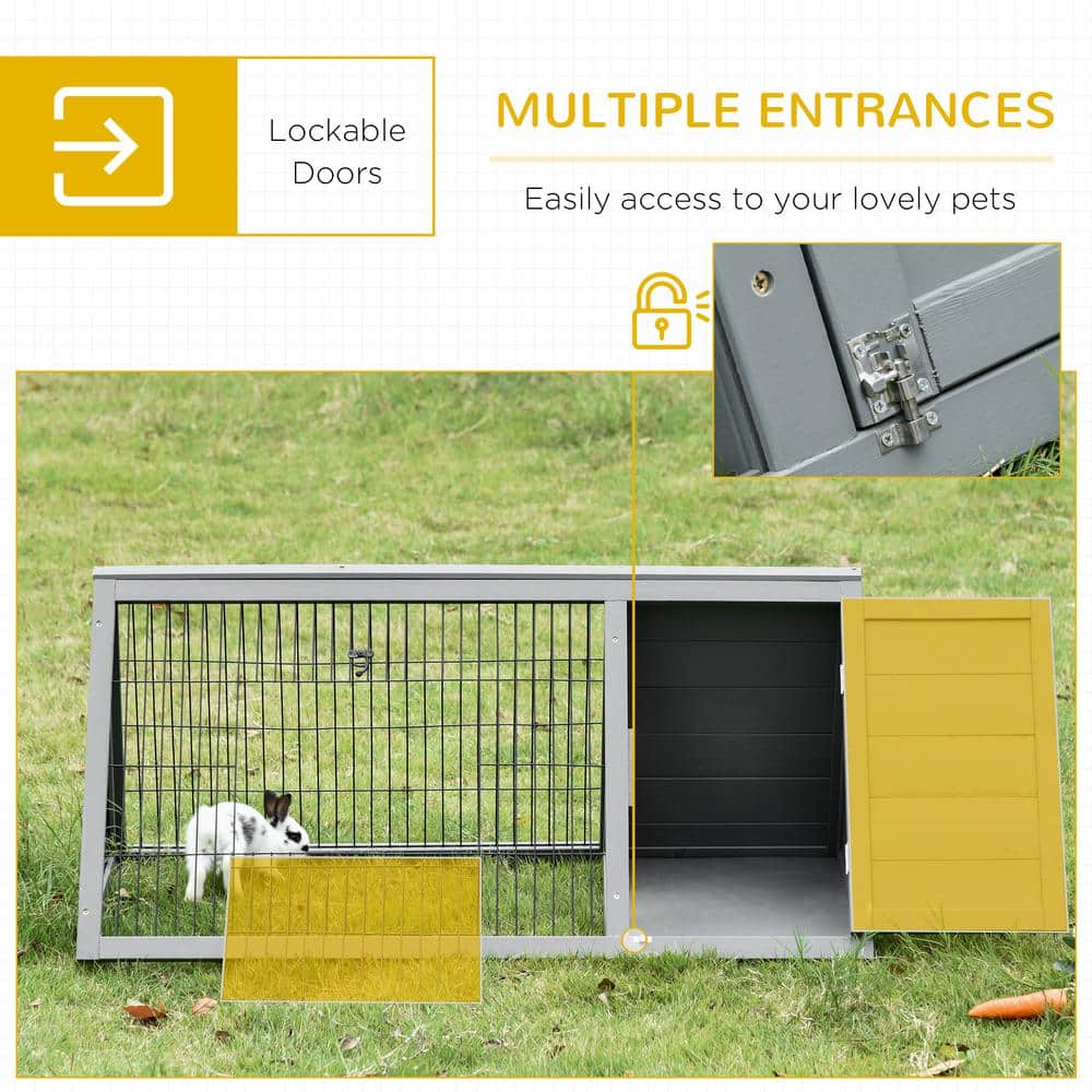 Gray Wooden A-Frame Outdoor Small Animal Hutch with Wire Enclosure