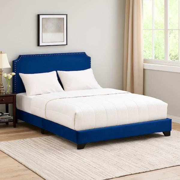 Blue Wood Frame Queen Platform Bed with Nailhead Trims