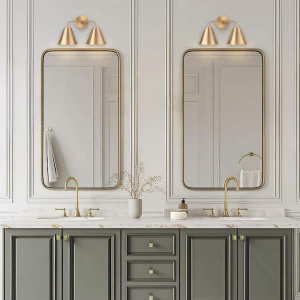 Loft Lantern 16 in. 2-Light Gold Modern Bathroom Vanity Light with Metal Cone Shades