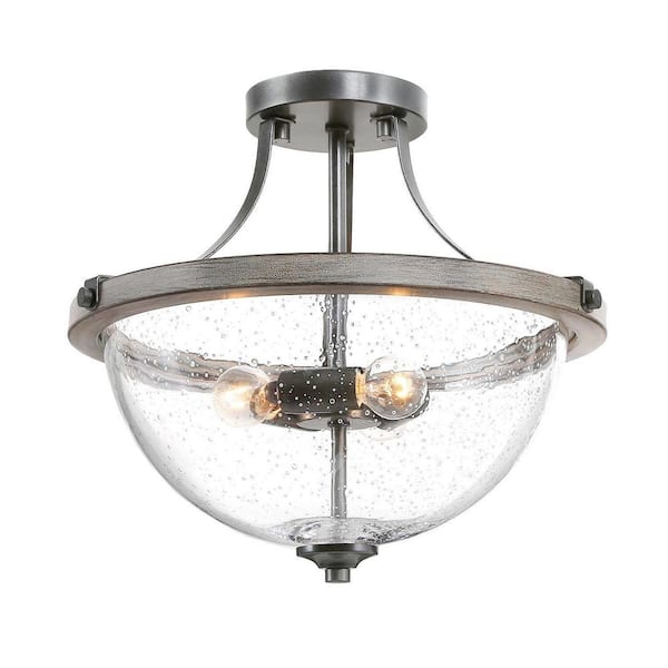 LOUGHEED DECOR INC The 13.4 in. 3-Light Iron and Faux Wood Semi- Flush Mount Ceiling Light Perfect for Kitchen, Dining and Living Room