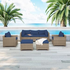 Maui 7-Piece Wicker Patio Conversation Set with Cobalt Cushions