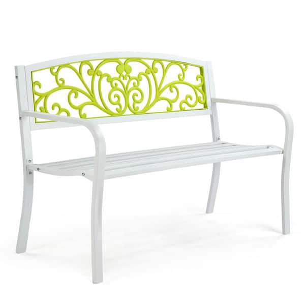 Karl home White Metal Outdoor Bench Patio Bench with Green Backrest