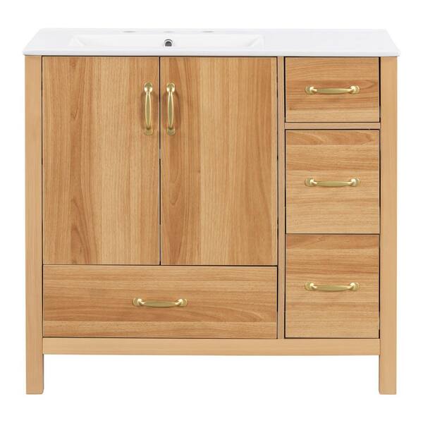 36 in. W Single Sink Freestanding Brown Bath Vanity with White Ceramic Top and 4 Soft Close Drawers, Unassembled