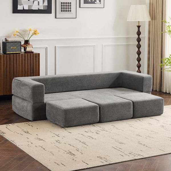 Modern 79.14 in. Light Grey Chenille Full Size High-Resilience Foam Sleeper Sofa Bed with 3-Ottomans