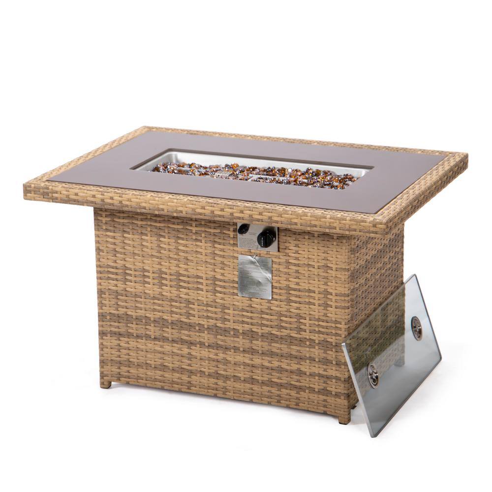 Light Brown Wicker Gas Fire Pit Table with Glass Shield