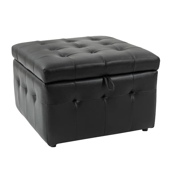 JAYDEN CREATION Bona Black Genuine Leather Wide 24 in. Ottoman
