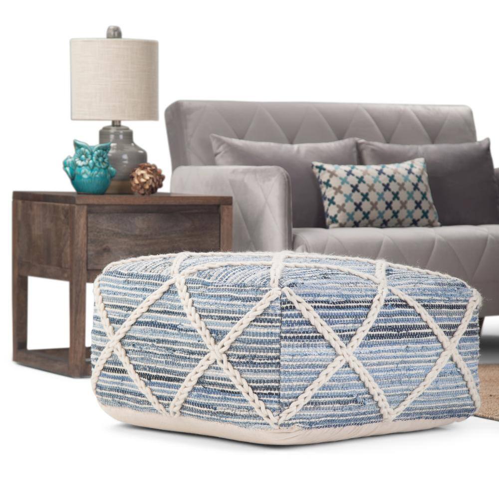 Cowan Boho Handwoven Square Pouf in Blue and Natural