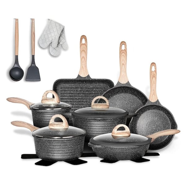 20-Piece Granite Nonstick Cookware Set Gray Medical Stone Coating Easy Clean Induction Compatible Kitchen Set with Lids