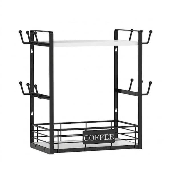 2-Tier Coffee Mug Holder Tree, Countertop Bar Station Organizer with 12 Hooks, Storage Shelf, White-Black