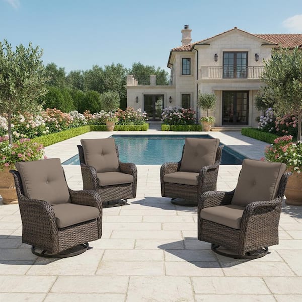 4-Piece Set Outdoor Swivel Brown Wicker Outdoor Rocking Chair with CushionGuard Gray Cushions