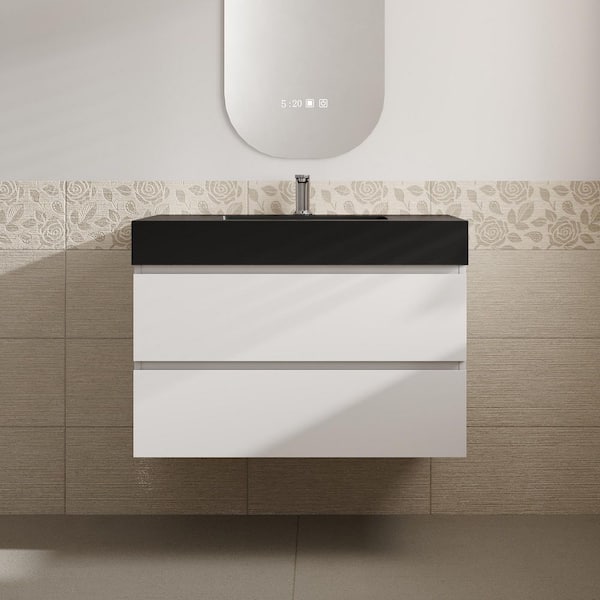 Aaby 36 in. W x 18 in. D x 25 in. H Wall Mounted Floating Bath Vanity Cabinet in White with Black Quartz Top and Sink