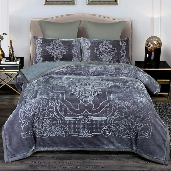 3-Pieces Grey Sherpa Fleece Blanket 79 in. x 91 in.  with 2-Pillow Sham 20 in. x 30 in.