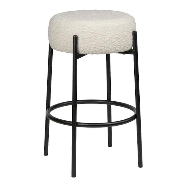 JONATHAN Y Paola 25.5 in. Modern Minimalist Round Backless Metal/Boucle Cushioned Counter Stool, White/Black