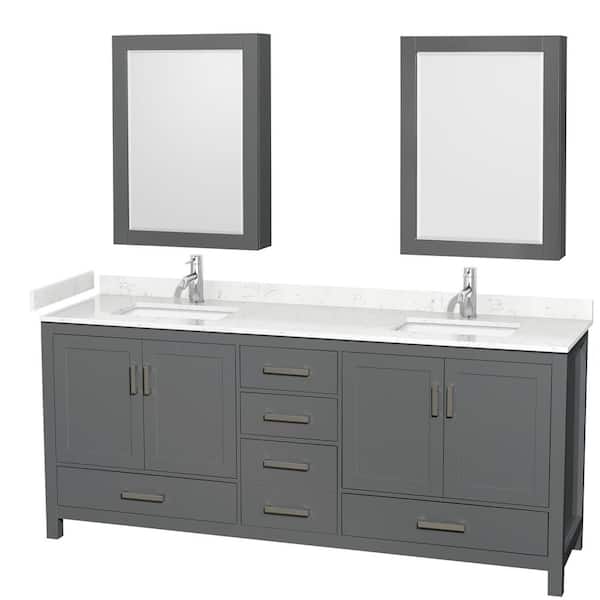 Wyndham Collection Sheffield 80 in. W x 22 in. D x 35 in. H Double Bath Vanity in Dark Gray with Carrara Cultured Marble Top and MC Mirrors