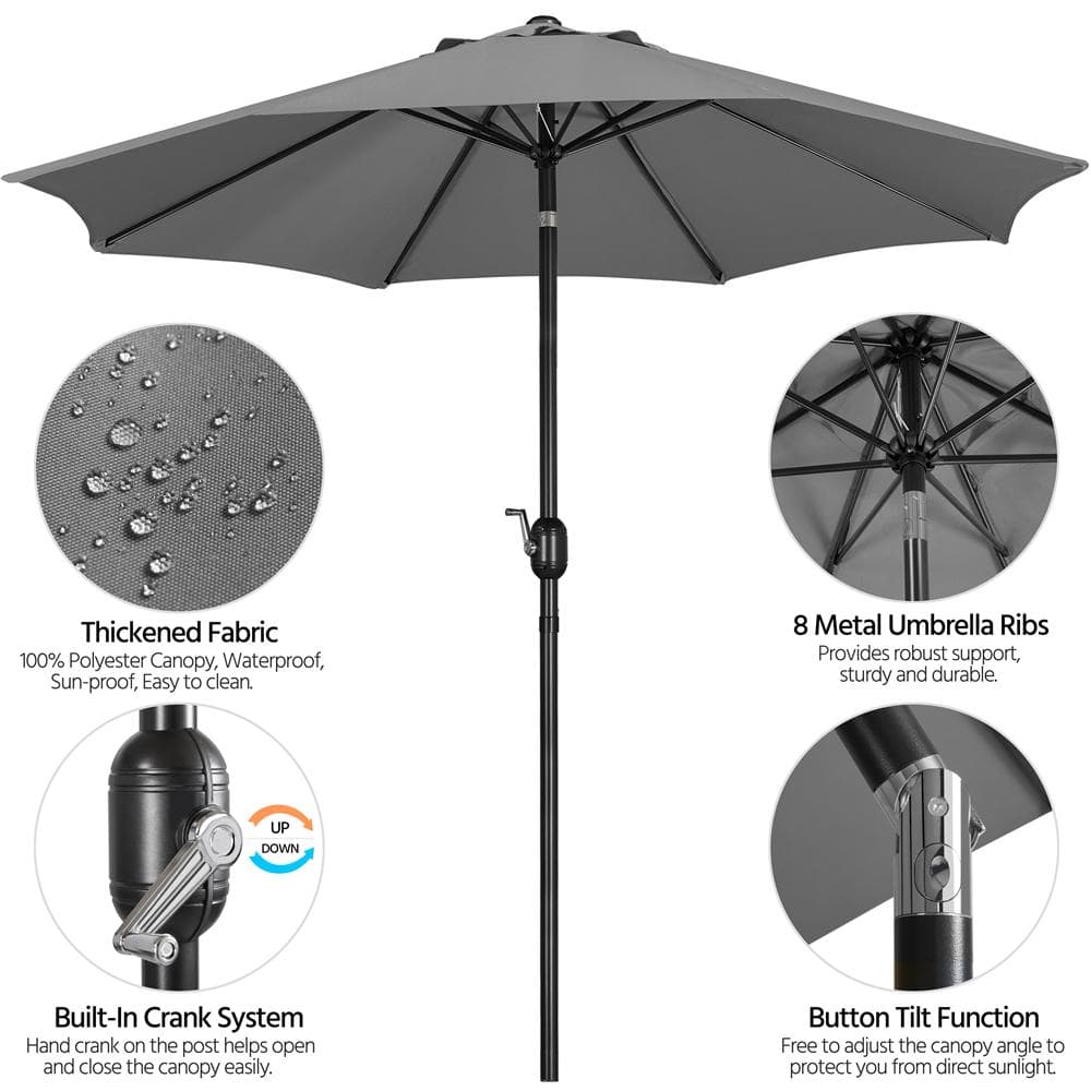 Gray 9 ft. Round Market Umbrella with Crank Lift and Push Button Tilt