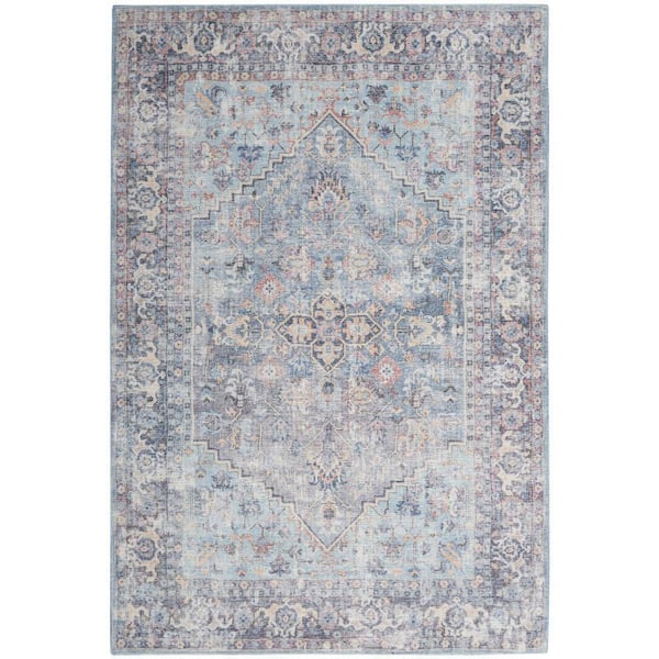 57 Grand Machine Washable Light Grey/Blue 5 ft. x 7 ft. Bordered Traditional Area Rug