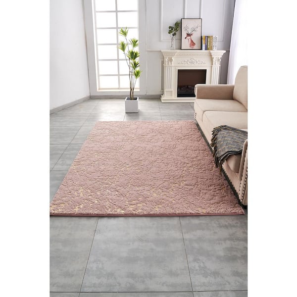 Lily Luxury Pink 7 ft. x 10 ft. Chinchilla faux fur Abstract Gilded Rectangular Area Rug