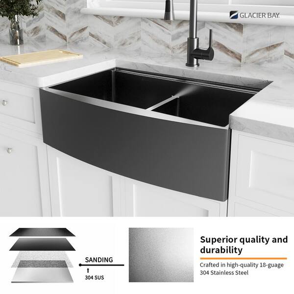 Glacier Bay Black Stainless Steel 33 In 18 Gauge Double Bowl Farmhouse Workstation Kitchen Sink Acs3322a2q W Glacier Bay Black Stainless Steel 33 In, Farmhouse Kitchen Sink Black Stainless Steel