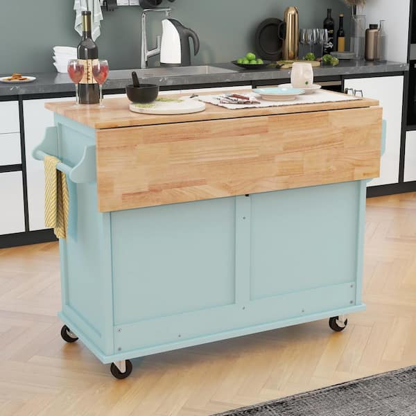 Mint Green Rubber Wood Top 52.2 in. W Kitchen Island on 4-Wheels with Sliding Barn Door and 2-Drawers