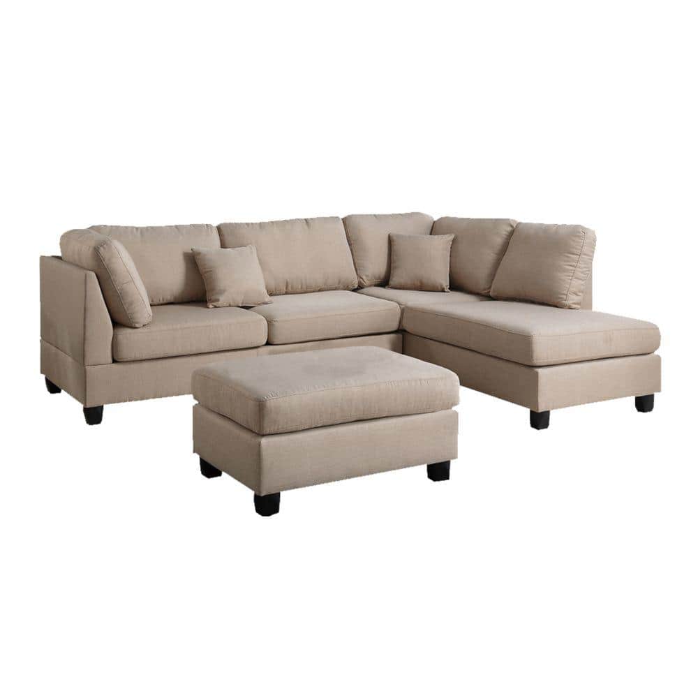 Beige Linen 3-Piece Sectional Sofa with Ottoman