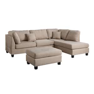 35 in. Straight Arm 3-Piece Linen L-Shaped Sectional Sofa in Beige with Chaise