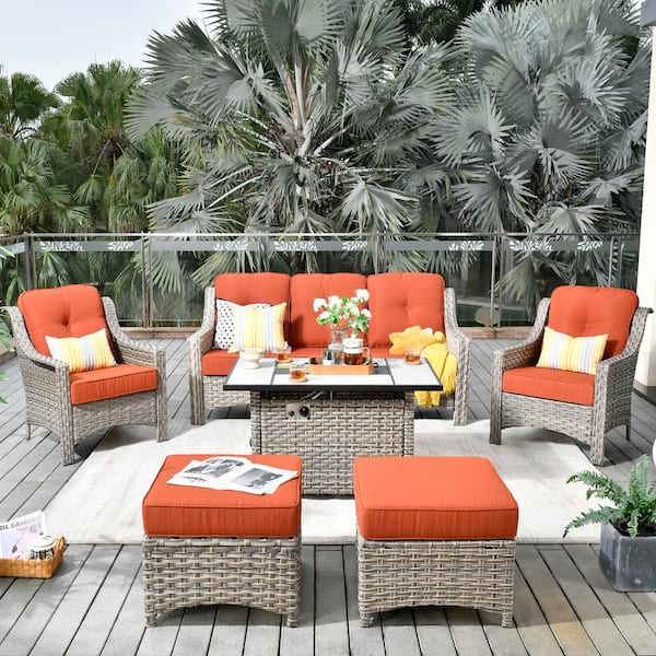 HOOOWOOO Verona Grey 6-Piece Wicker Outdoor Patio Conversation Sofa Seating Set with a Rectangle Fire Pit and Orange Red Cushions