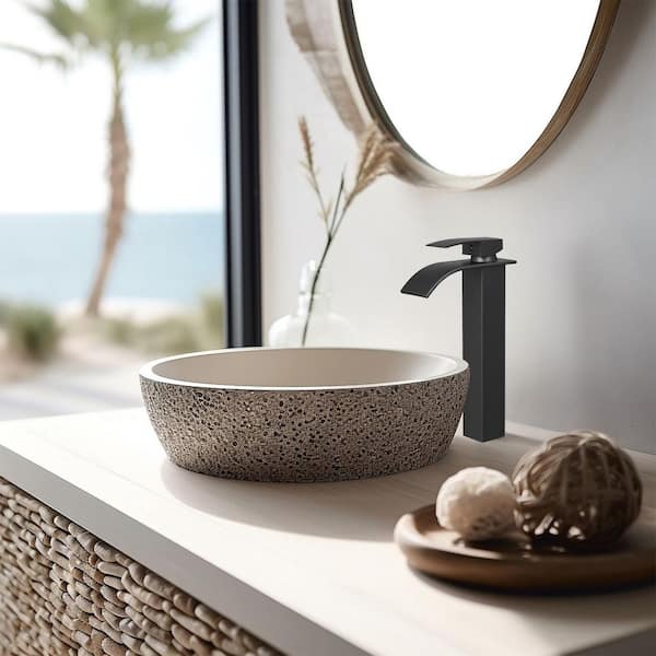 High Arc Waterfall Single Handle Single Hole Bathroom Faucet with Drain Kit Included in Black