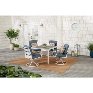 Marina Point 5-Piece White Steel Outdoor Patio Dining Set with Sunbrella Denim Cushions and Painted White Steel Tabletop
