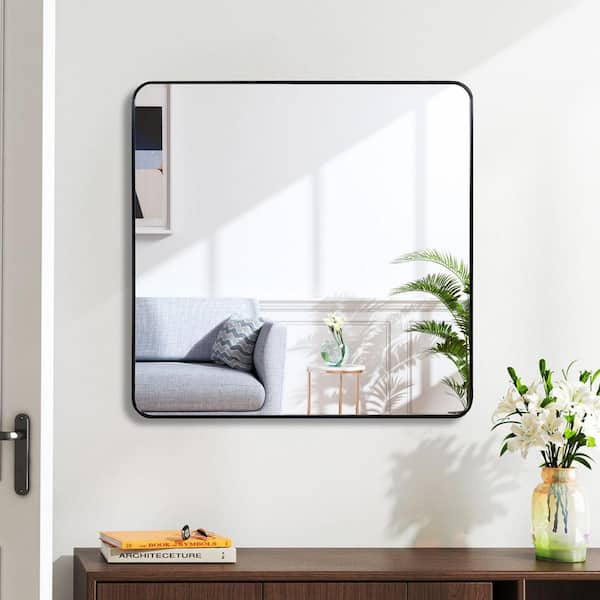 Black 30 in W x 30 in. H Square Metal Framed Bathroom Mirror for Wall