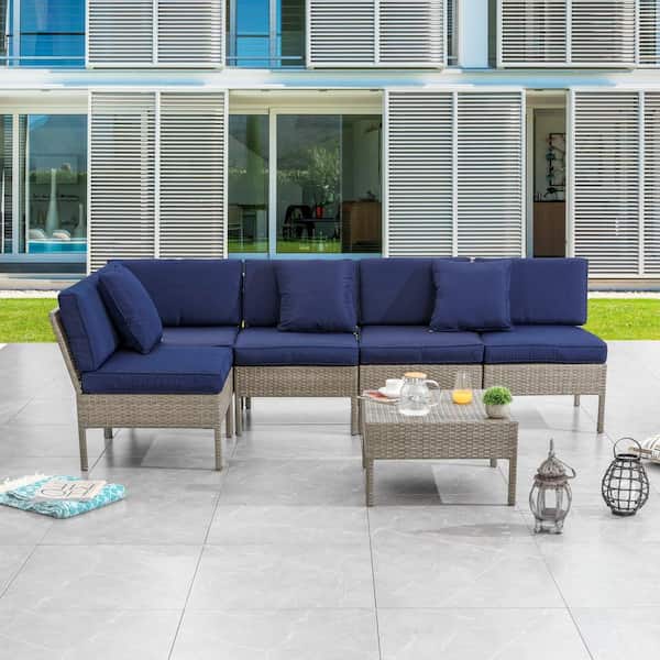 Patio Festival 6-Piece Wicker Outdoor Sectional Set with Blue Cushions