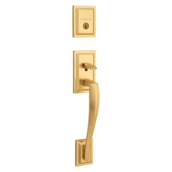 Baldwin Prestige Torrey Pines Satin Brass Single Cylinder Entry Door Handleset with Torrey Door Handle Feat SmartKey Security