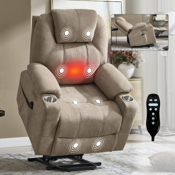 Khaki Power Lift Recliner with Massage Heat, USB-C & Cup Holders, 350LBS