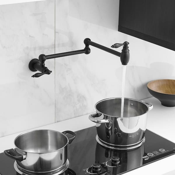 23" Wall Mount Kitchen Folding 2 Handle with Double Joint Swing Arms, Antique Over Stove Faucet in Matte Black