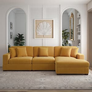 118 in. Square Arm 3-Piece Corduroy Upholstered L-Shaped Sectional Sofa in Orange