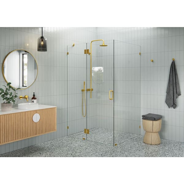 Glass Warehouse 47 in. W x 39 in. D x 78 in. H Pivot Frameless Corner Shower Enclosure in Satin Brass Finish with Clear Glass
