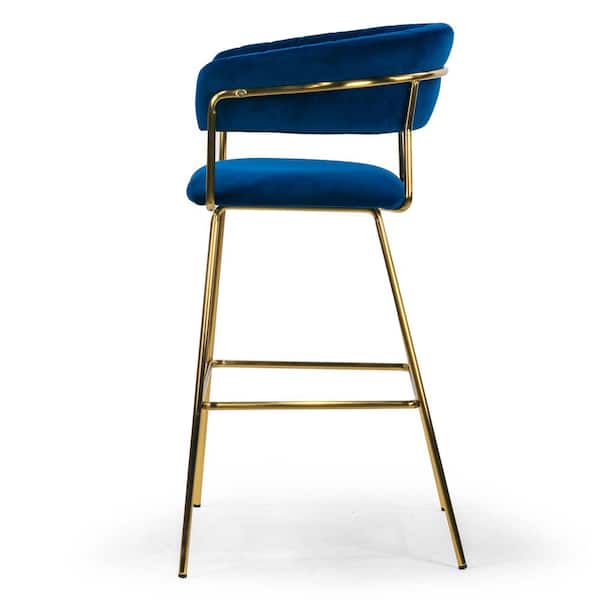 Anya Blue Velvet Bar Stool with Golden Metal Legs (Set of 2)