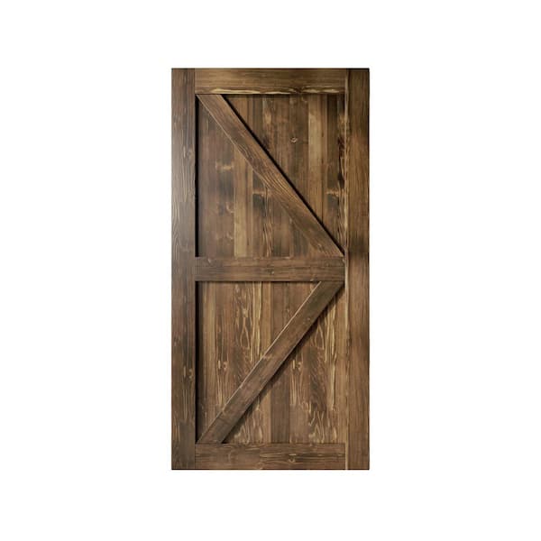 HOMACER 48 in. x 84 in. K-Frame Walnut Solid Natural Pine Wood Panel Interior Sliding Barn Door Slab with Frame