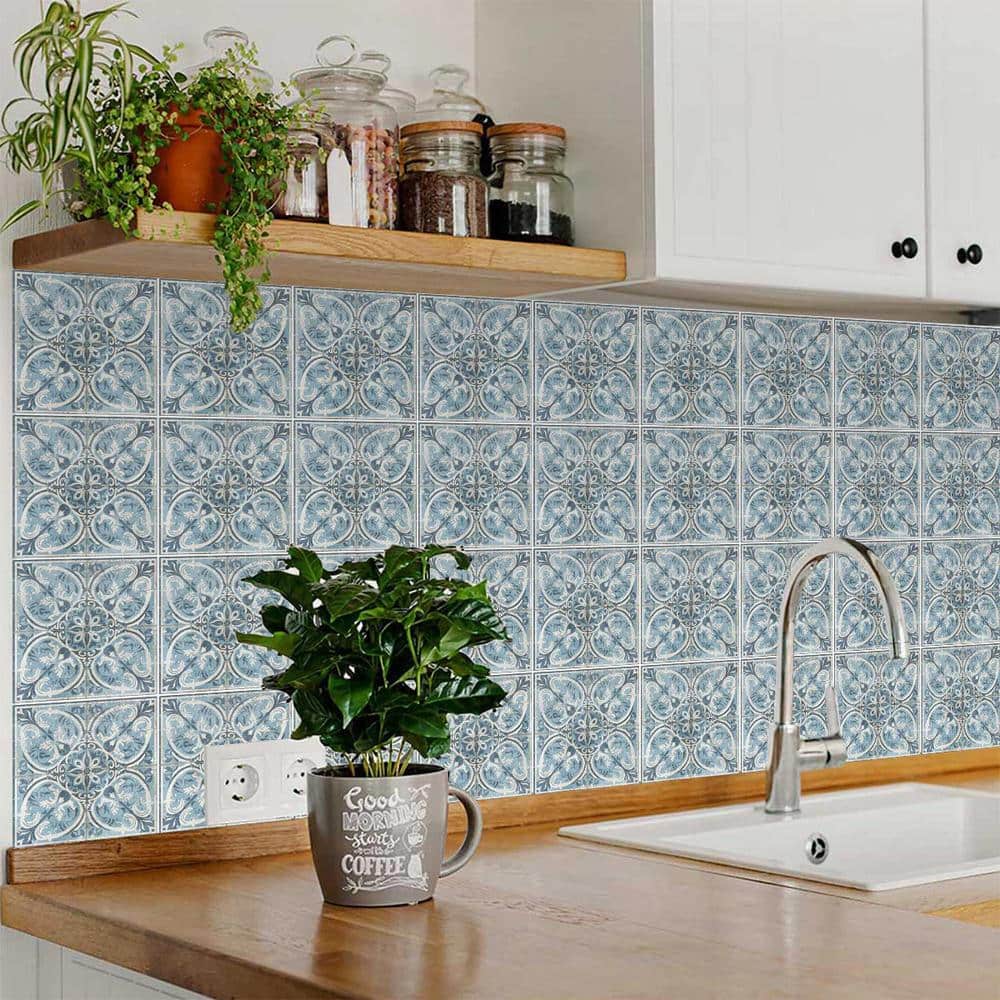 Steelblue and White Vinyl Peel and Stick Tile 8x8-inch