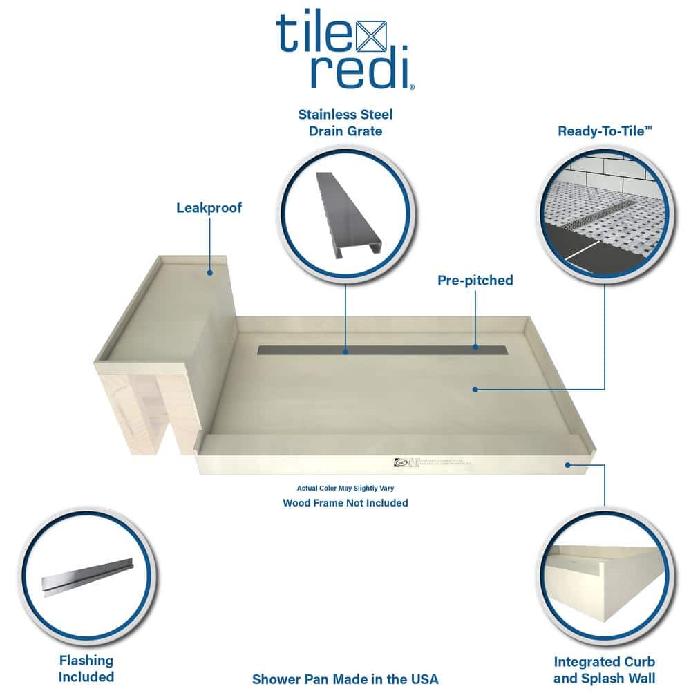 Tileable 72"x48" Left Drain Alcove Shower Base with Integrated Bench
