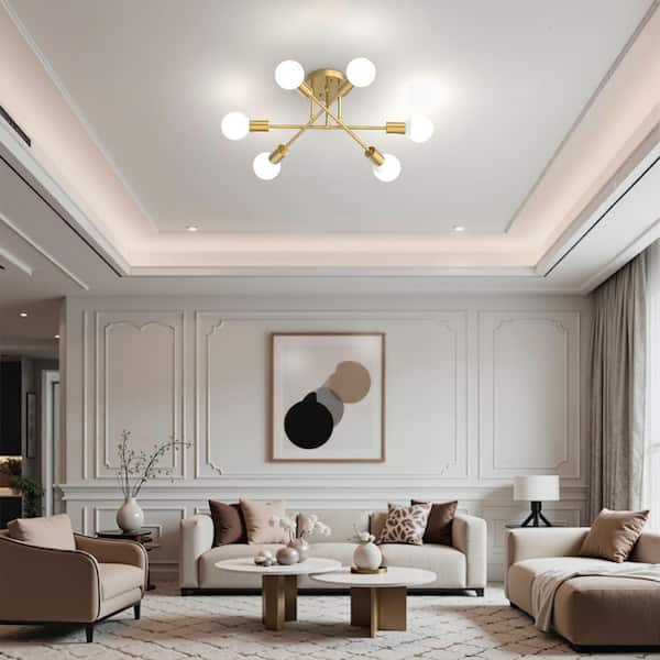 16 in. 6-Light Gold Sputnik Modern Linear Semi Flush Mount Ceiling Light Fixture for Dining Room, Kitchen, Bedroom