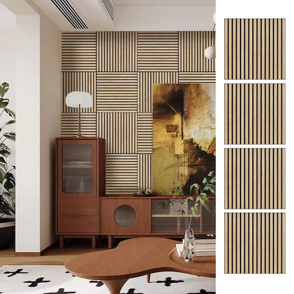 0.7 in.x 23.6 in. x 23.6 in. Beige Wood Slat Acoustic Panels, MDF Decorative Wall Paneling (4 Piece/15.5 sq. ft.)