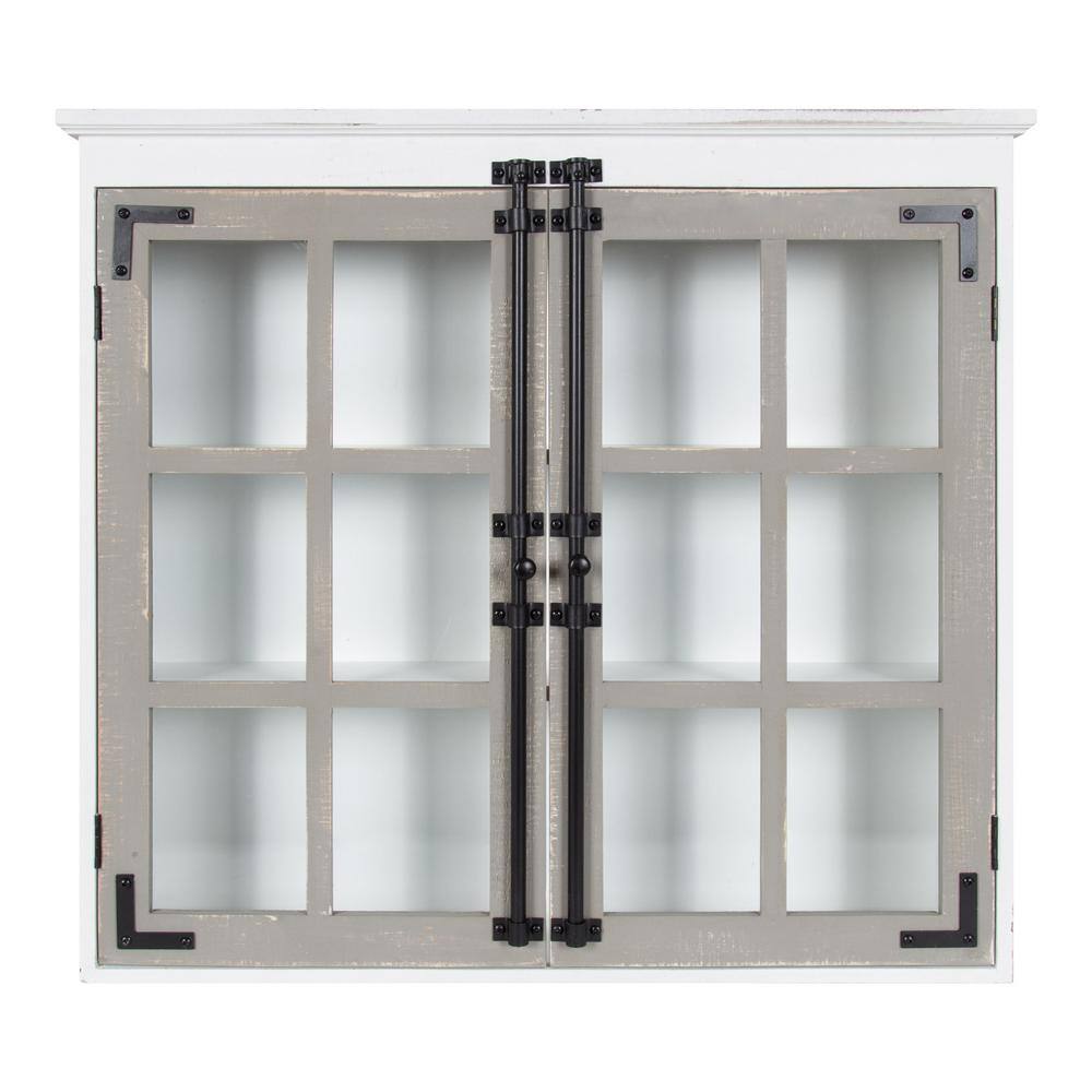 White and Gray Farmhouse Wood Wall Cabinet with Glass Doors