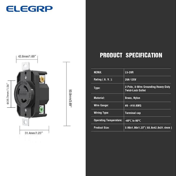 ELEGRP 20 Amp 125-Volt NEMA L5-20R Locking Receptacle Single