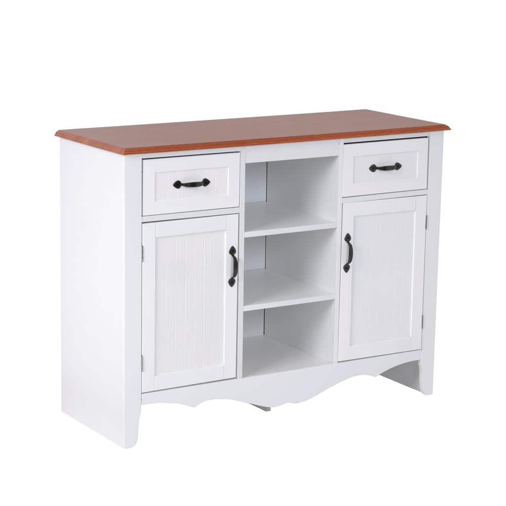 White and Pine Countryside Buffet with Drawers and Doors