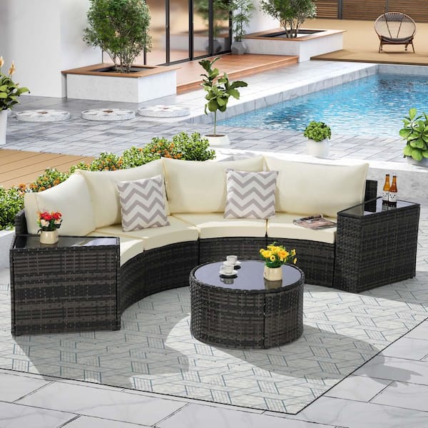 7-Piece Gray Wicker Outdoor Half-Moon Sectional Set with Beige Cushions Tempered Glass Round Coffee Table