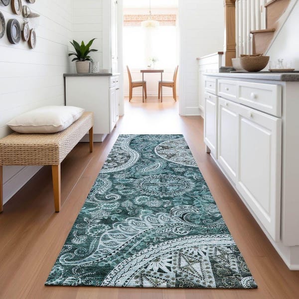 Mayfield Premium Machine Washable Abstract AMF1078 Teal 2 ft. 3 in. x 7 ft. 6 in. Runner Rug